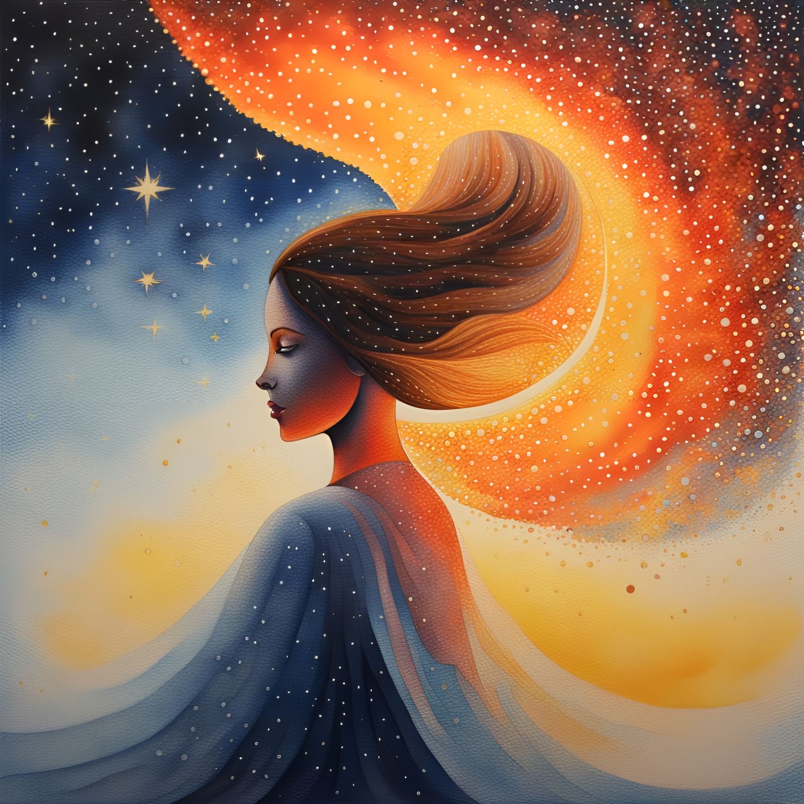 Fairy in Nature with Celestial Light, Watercolour Pointillis...