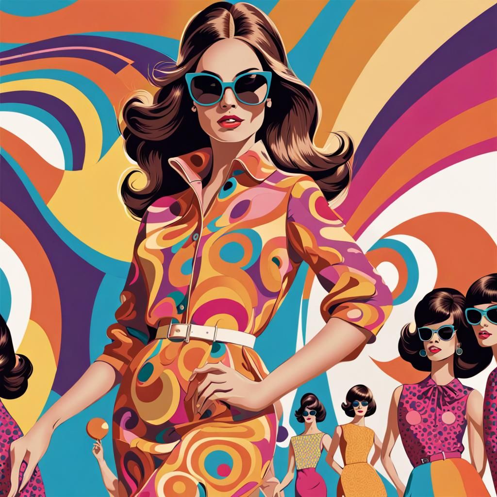 Generate a vibrant and dynamic 60s fashion illustration that captures ...