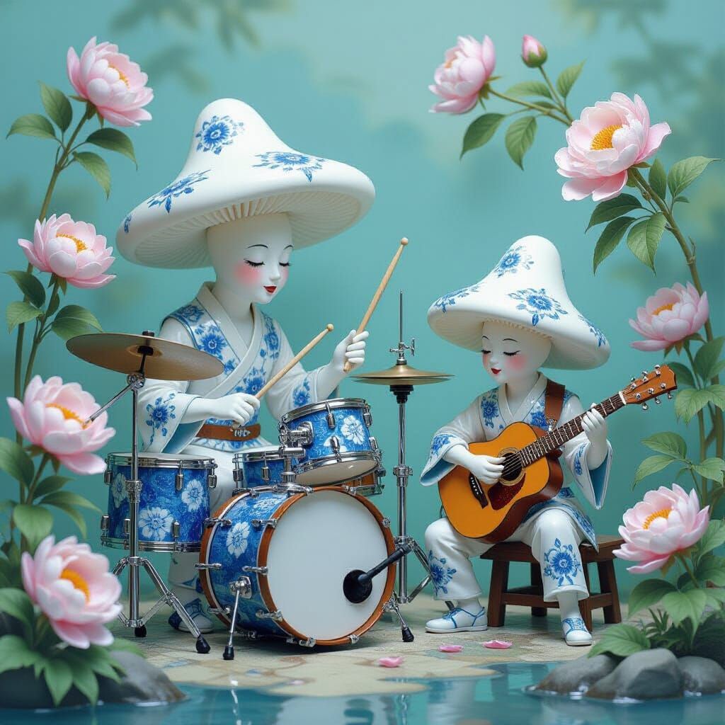 Porcelain Mushroom Band Plays Music in Oriental Art Style