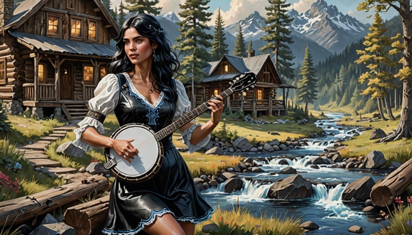 beautiful lady playing a banjo, wavy black hair, blue eyes w...