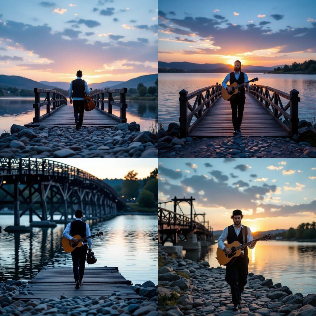 Man with Guitar on Epic Bridge at Dusk