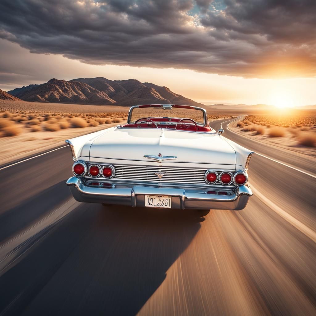 man drives a white classic car driving along a highway in th...
