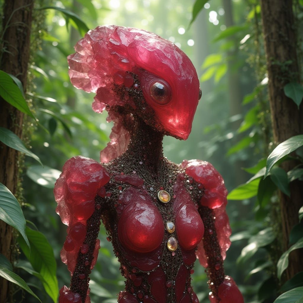 A robot made of shimmering glowing Winza Rubies in the jungle. <lora:Archetypal Images:1.0> <lora:Winza Rubies:1.0> Extraordinary intricate ...