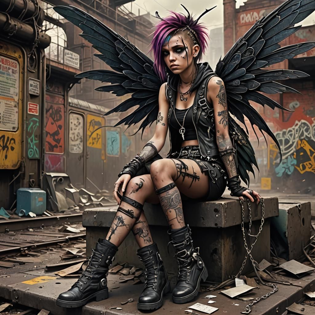 Emo Punk Fairy in Abandoned Subway: Digital Art