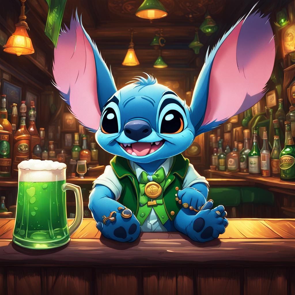 Disney stitch celebrating St Patrick's Day in an Irish pub. ...
