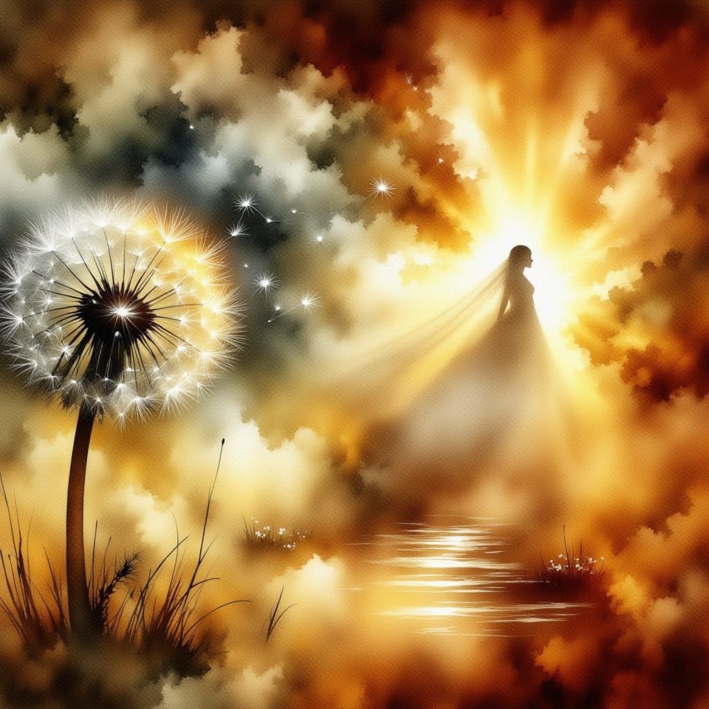 watercolor impressionism: a solitary dandelion puffball in a autumnal scenery, its seeds are blown away by the wind to a golden mystic realm...
