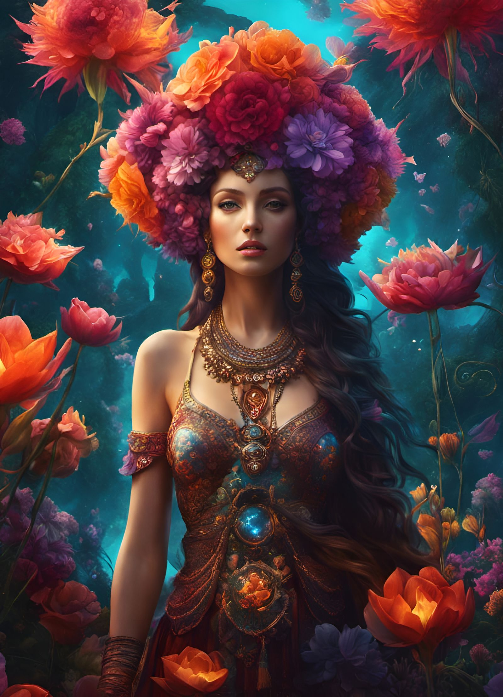 Bohemian Goddess in Surreal Flower Dreamscape