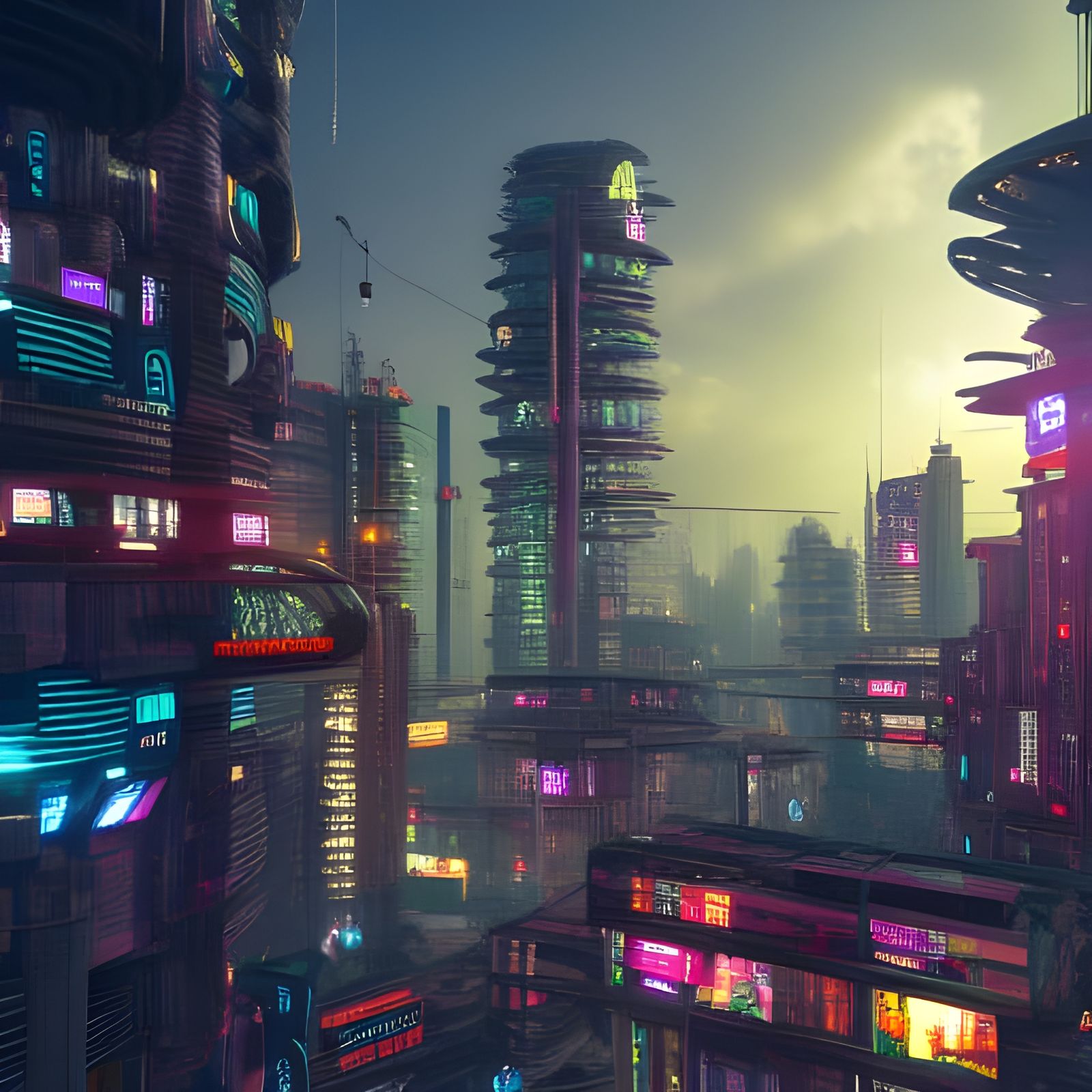 cheerful cyberpunk cityscape undefined