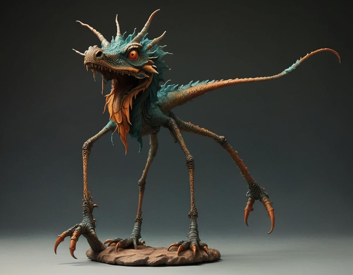 whimsical dragon with ((long neck)) , ombre-colored orange a...