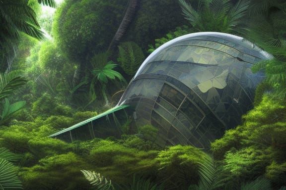 Spaceship hidden in the dense jungle. Photo realistic