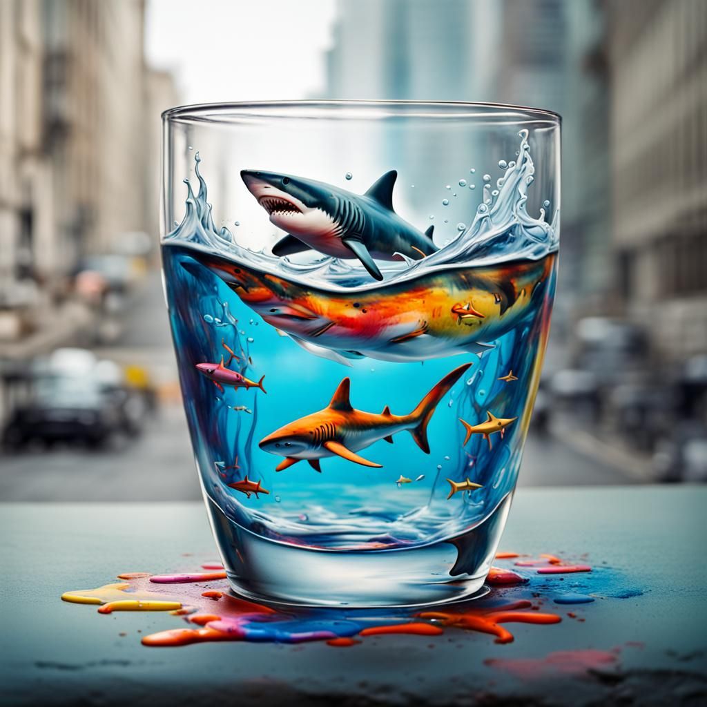 shark swiming inside small tea glass. 3 divers in the small ...