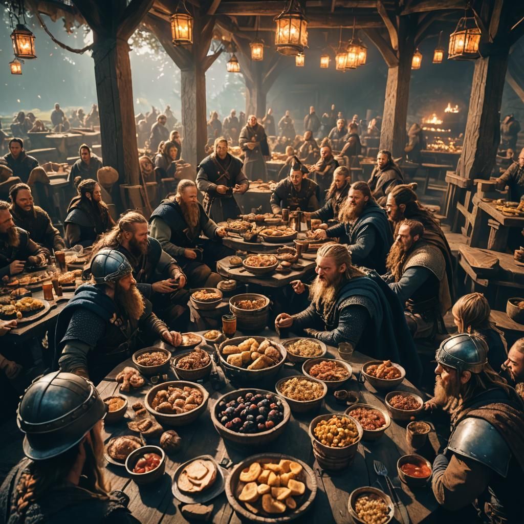 Valheim vikings feasting in a large open meadery, lit by the...