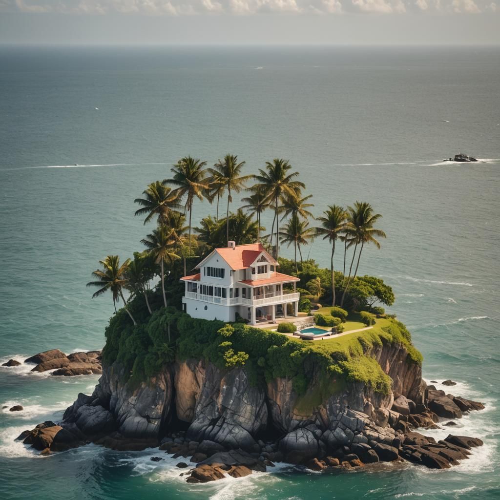 An island with a beautiful house overseeing the ocean sun