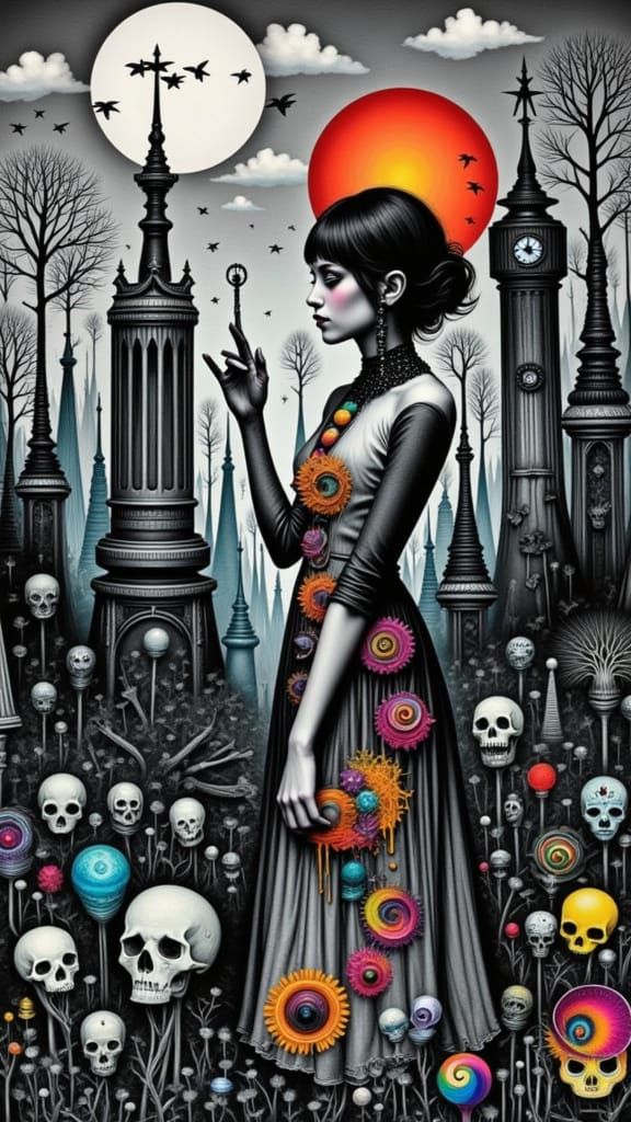 <lora:Wyrd 13:1.0>  A melancholic goth girl with rainbow accents weeps tears of ferrofluid, the tears swirling and merging into intricate pa...