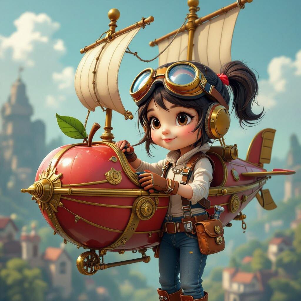 A cute 3d girl building an apple shaped airship.
