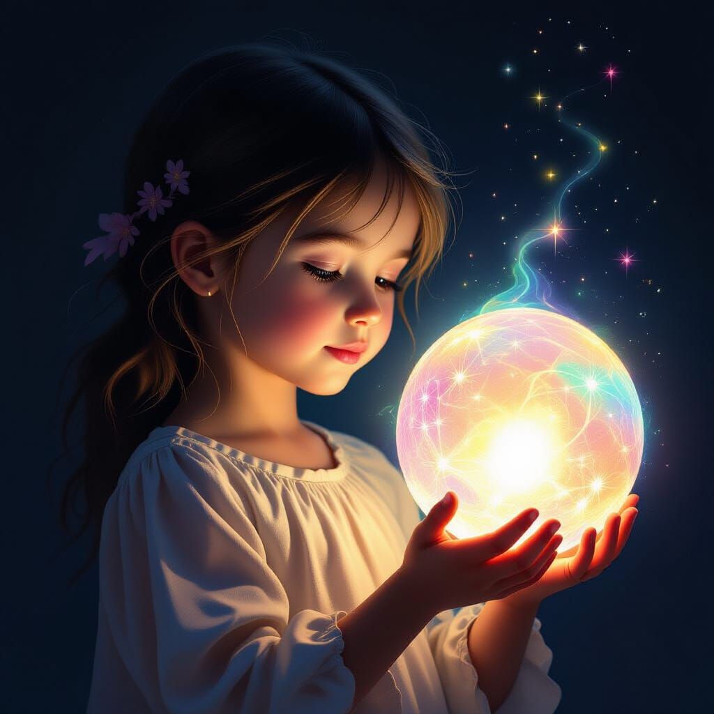 Girl Holds Glowing Orb Illuminating Darkness