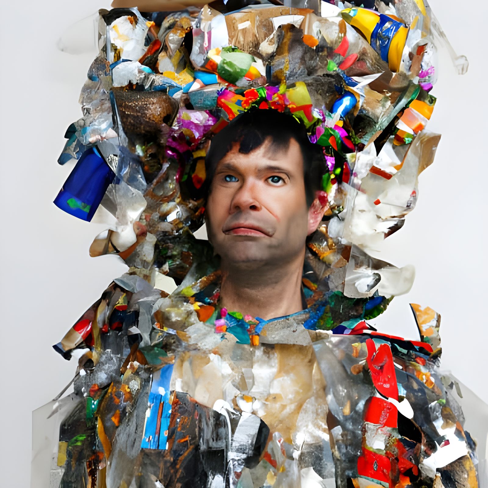 A man, wearing random bits of garbage as clothing