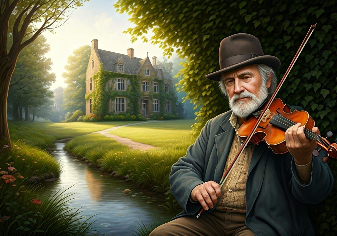 Elderly Violinist in Realistic Landscape Painting