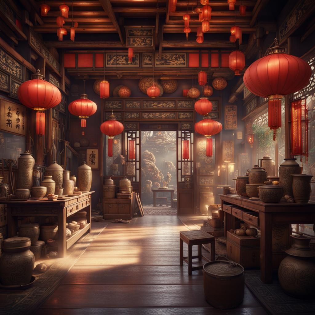 Vintage Chinese Shop Interior in Detailed Matte Painting Sty...