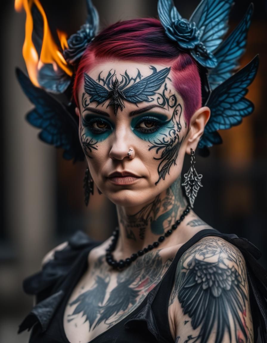 A goth Fairy, heavily tattooed, with wings made of flame, Fu...
