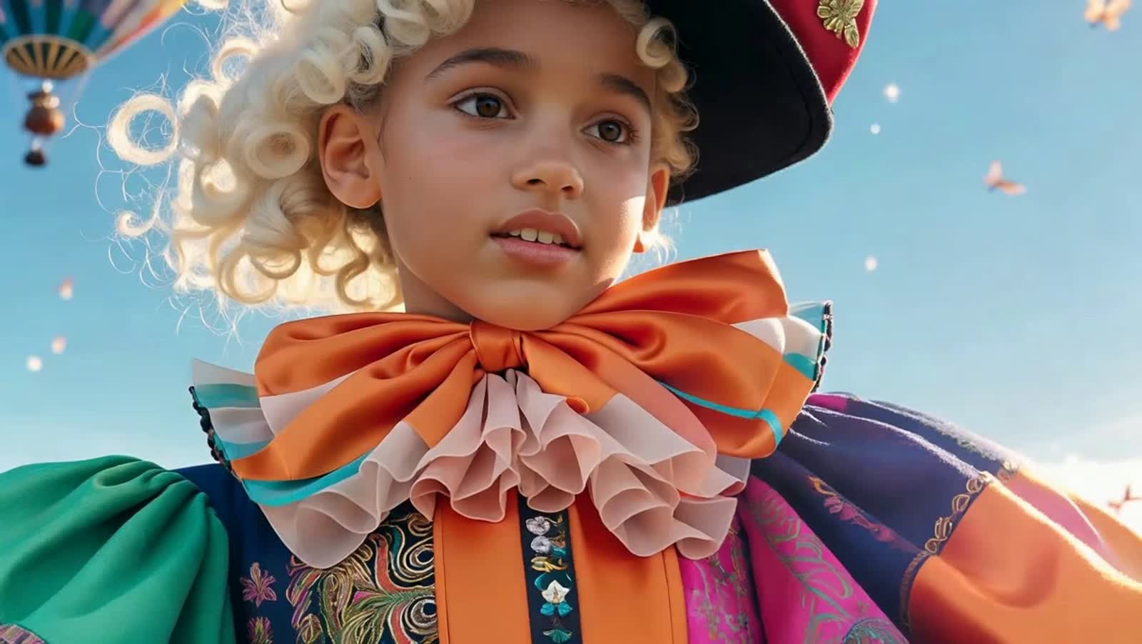 A young Black girl in a low-angle chest-up 3/4 view looks up and to the right, framed against a bright cerulean sky. She...