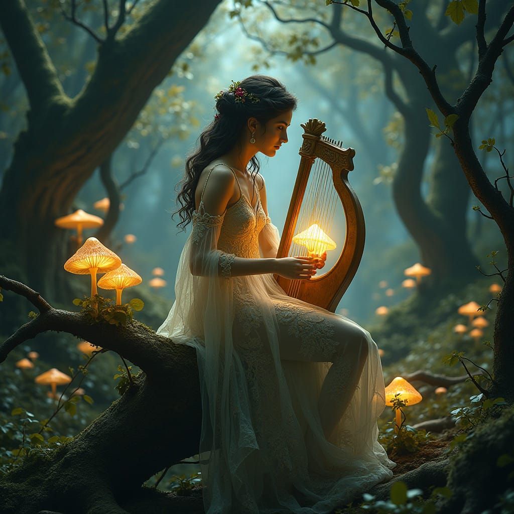 Mystical Forest Siren Plays Enchanted Lyre in Art Nouveau St...