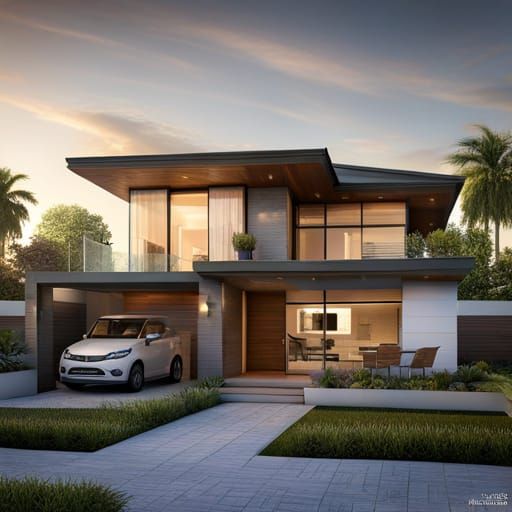 Front elevation view of modern two storied home with large l...