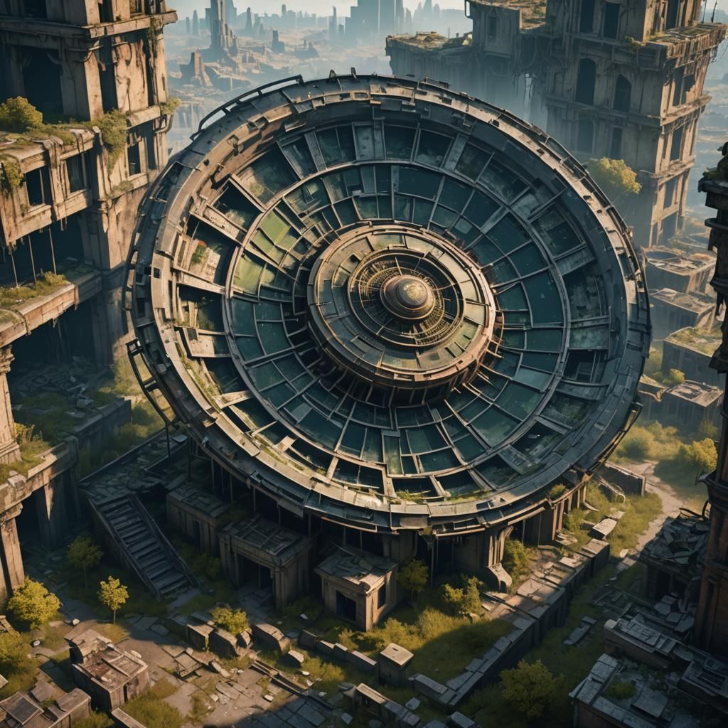 Decayed giant radar in the haunted ruins of an abandoned cit...