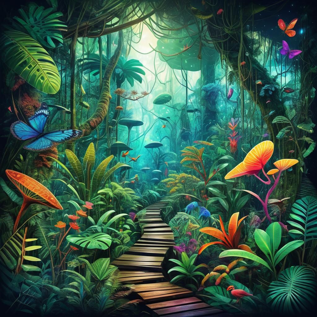 vivid cosmic triadic rainforest with extinct flora and fauna...