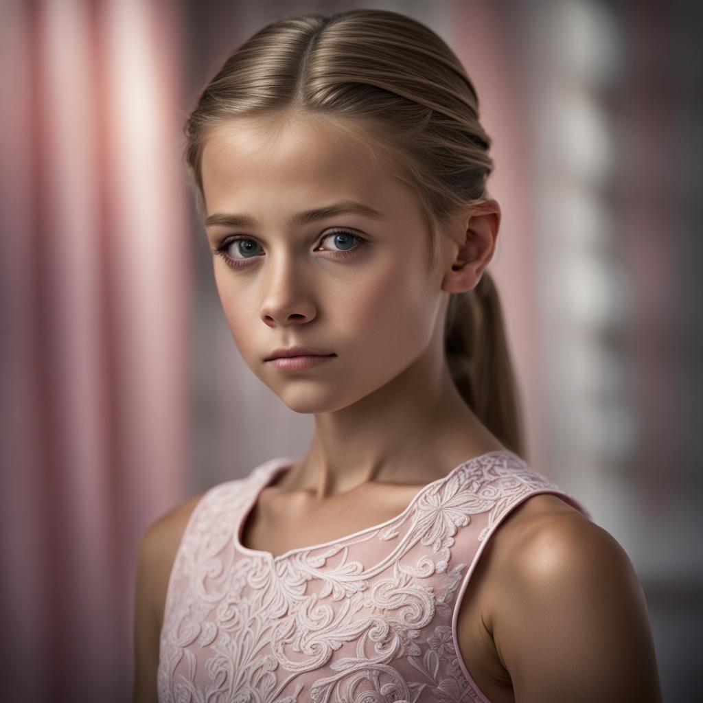 12 year old Girl with dark blonde hair in a low ponytail, we...
