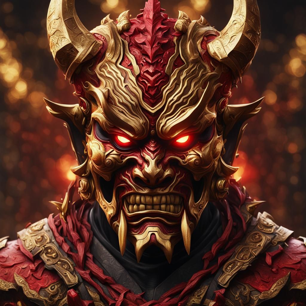 full mask red and gold oni