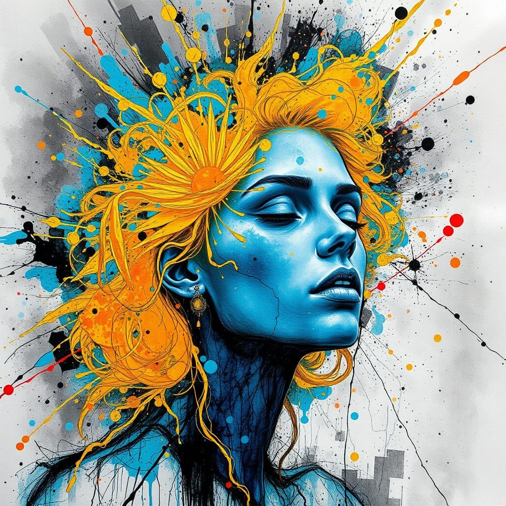 Explosive abstract mixed-media illustration of a surreal golden-blue woman, alcohol ink splatter style ...  by @Savoir Khaven
