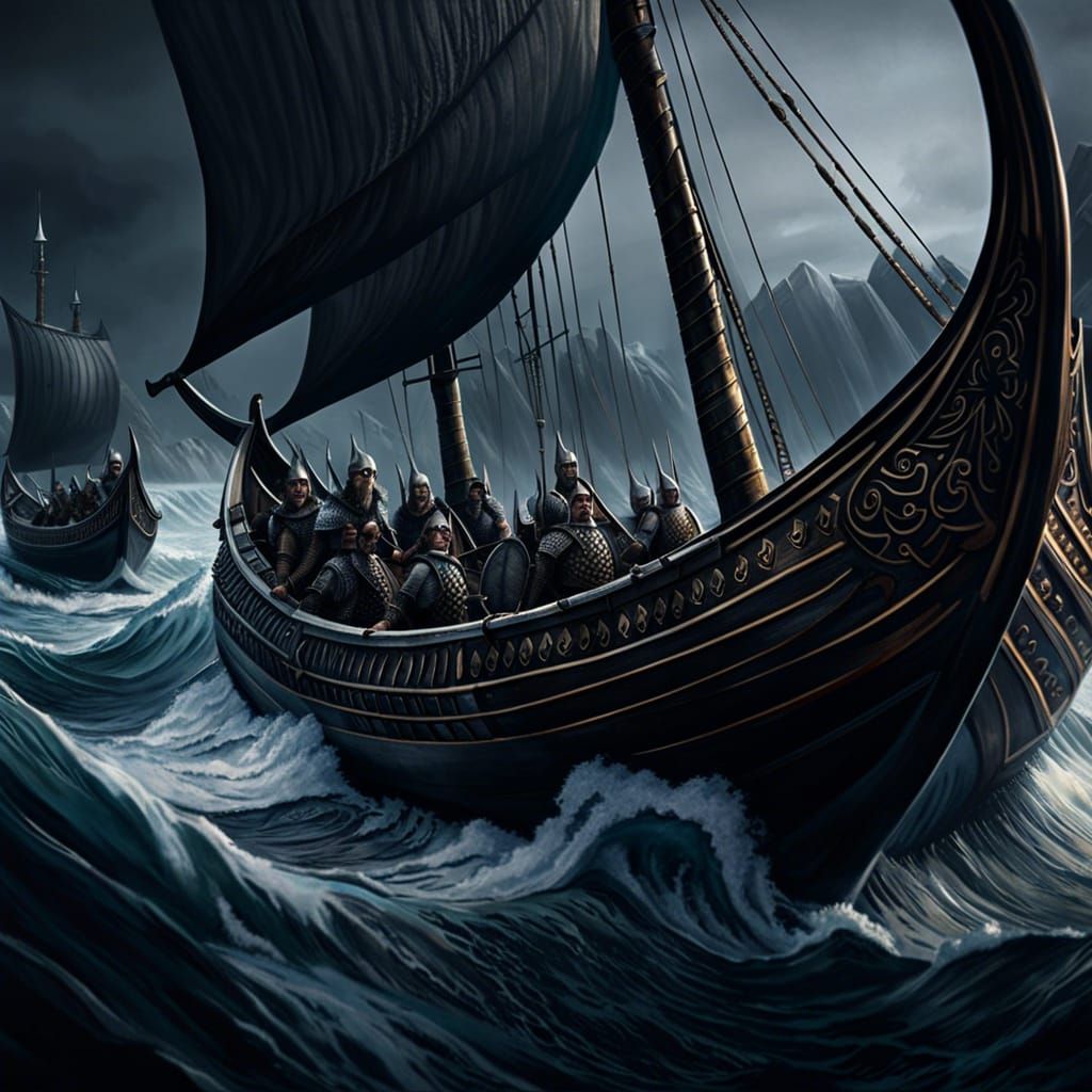 Viking long boats, full of warriors, battle the rough seas, ...