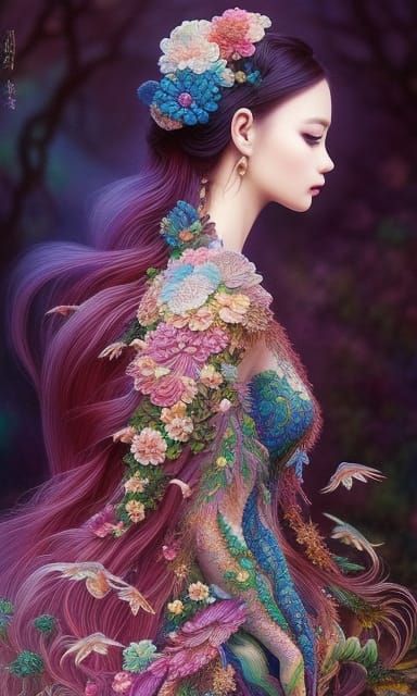 woman in Embroidered and crochet Lace Lizards dress, colorfu...