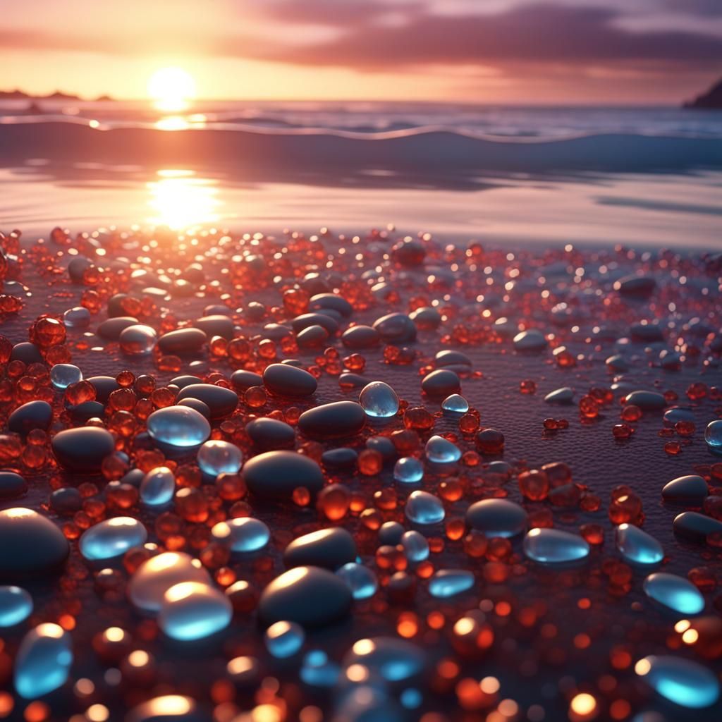glass pebble beach at sunset with sparkling water AI Generated