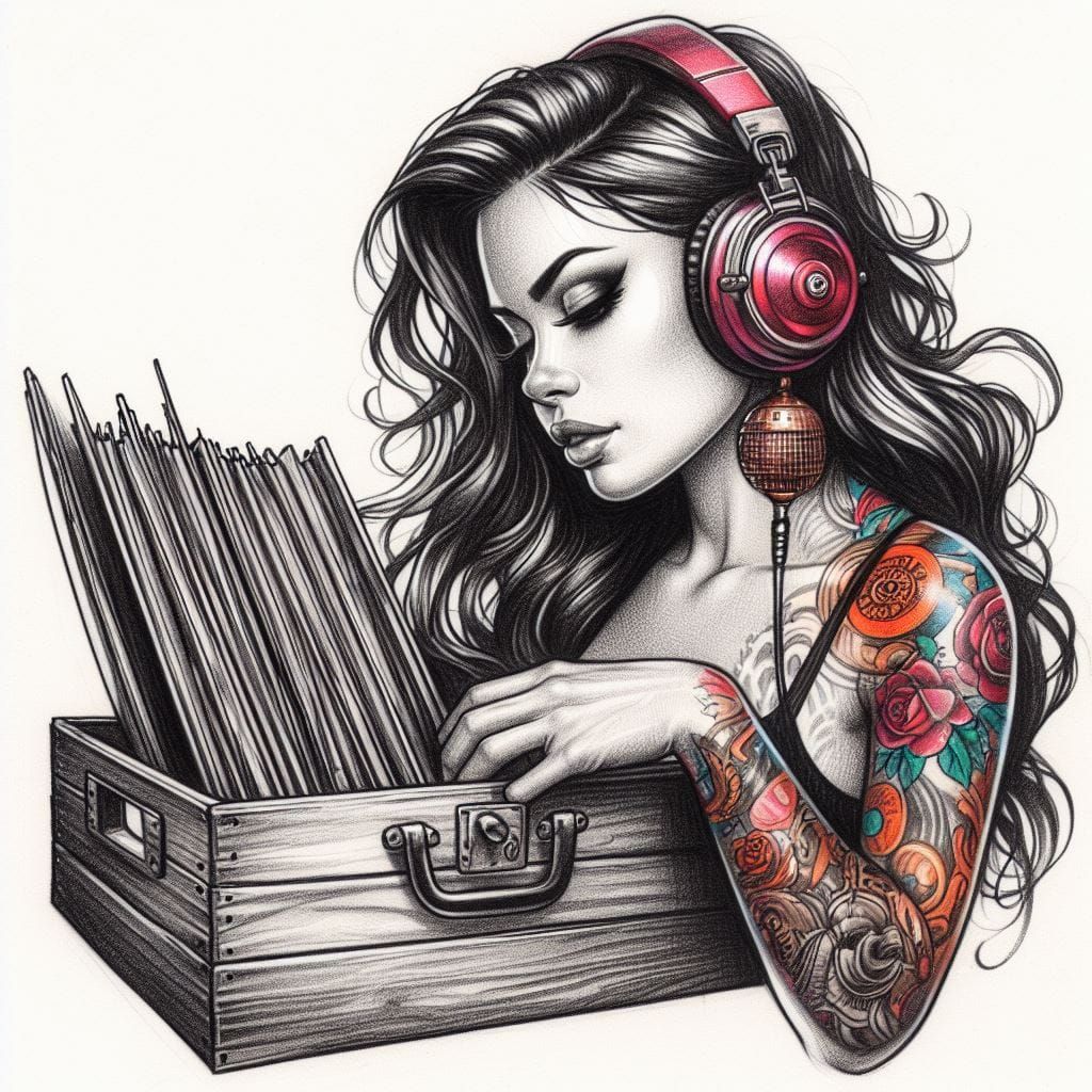 DJ girl browsing some records tattoo ideas