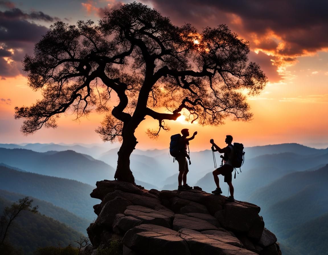 Amazing silhouette of 2 trekkers on a cliff enjoying the incredible view, under stunning tree, epic sunset, beautiful sk...