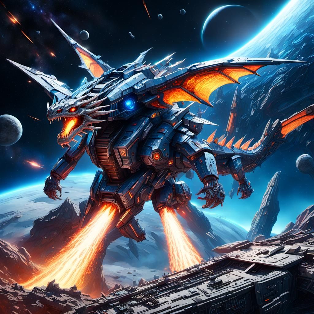 A massive dragon-style mecha-ship in space is eating an aste...