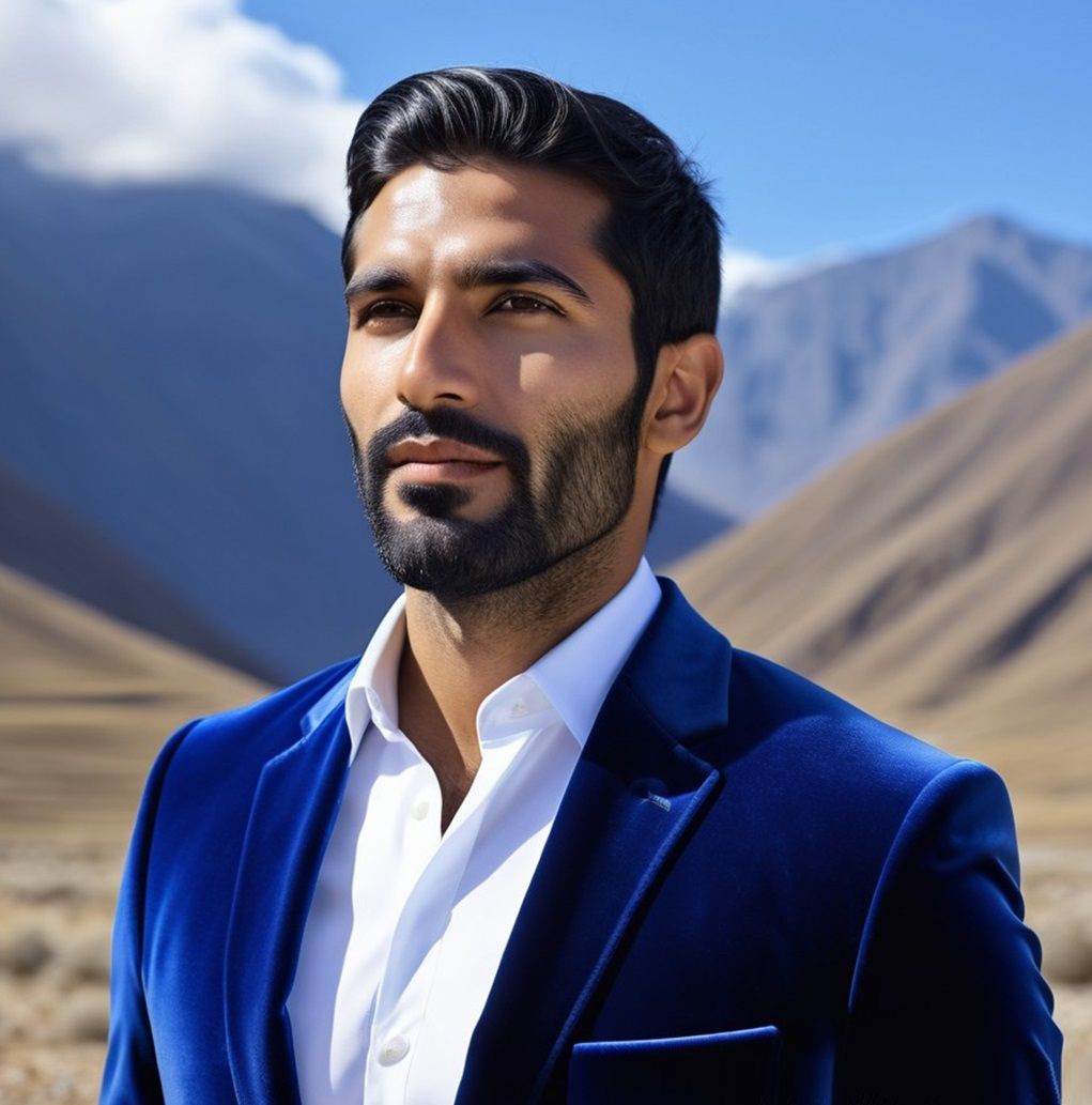 A handsome man with   black  beard   wearing  a   blue  velv...