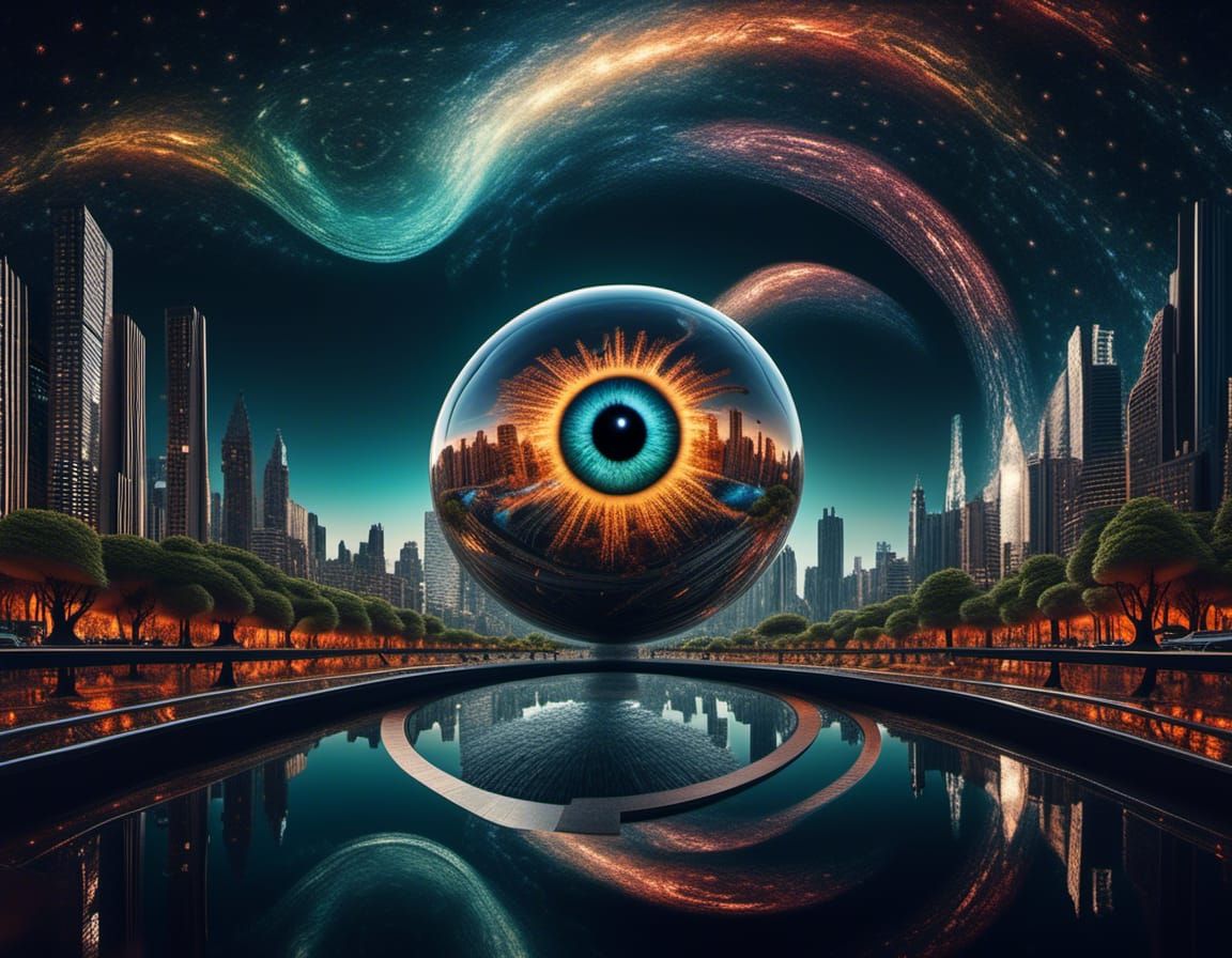 Triple dimension Cinematography see-thru lit-up triadic Alien futuristic dome eyeball cityscape planet in a dense dark stream universe, inte...