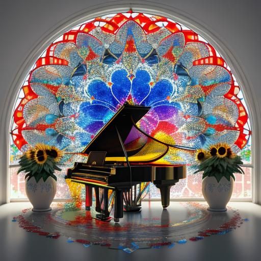 stained glass of the city of star. 
A young Asian man sits p...