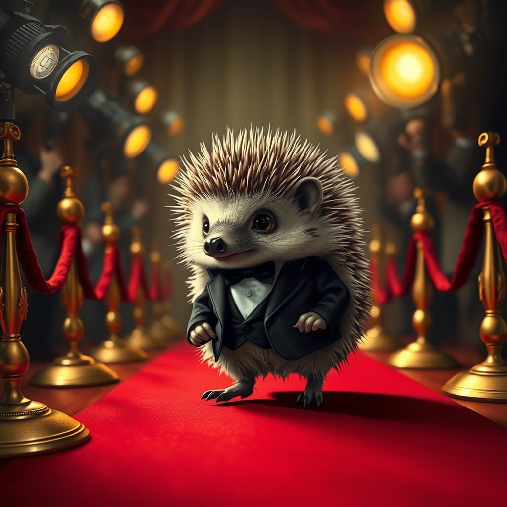 A hedgehog walks along the carpet and thinks: "Now I'm going to lie!" 
Animals walking the red carpet ...  by @Igor_t_M