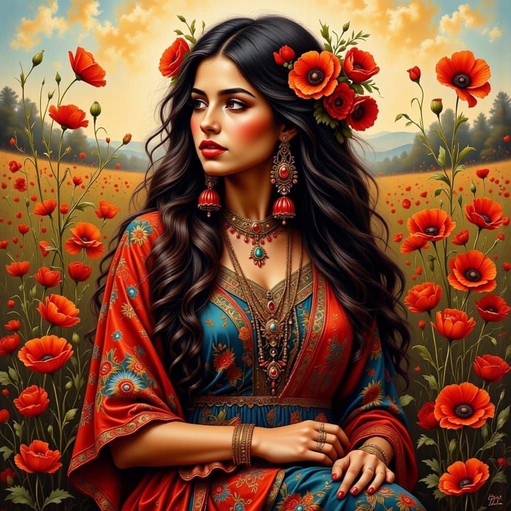 Beautiful Romani Woman in Poppy Fields