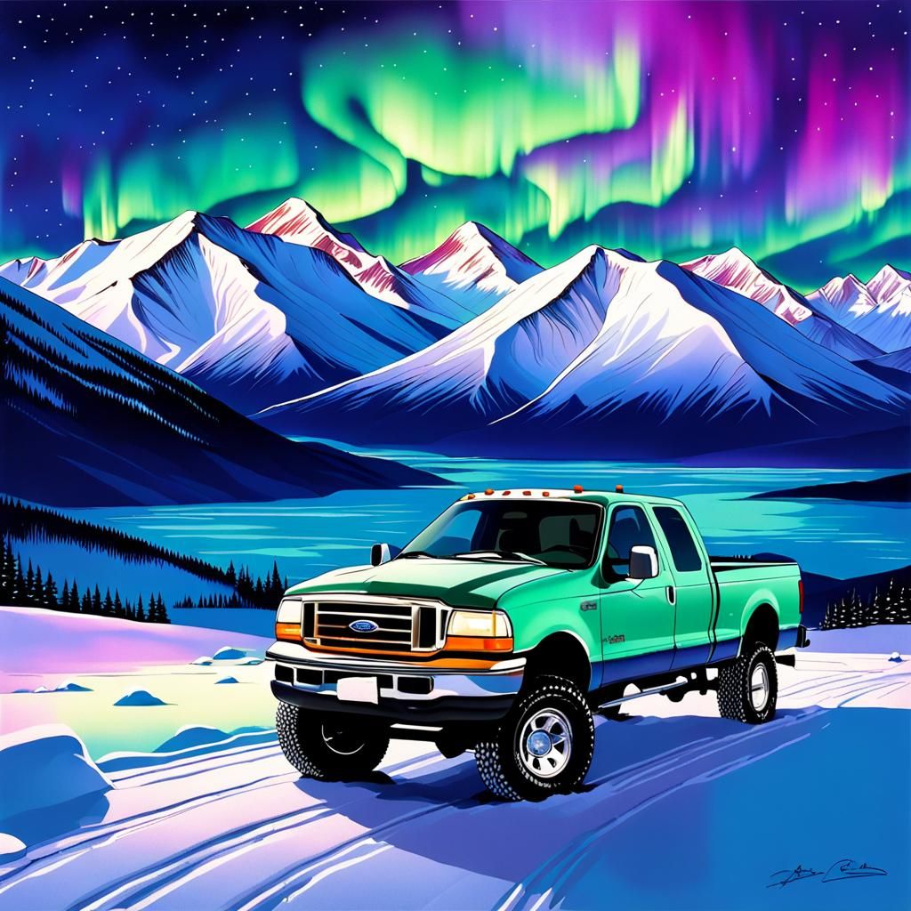 Artic expedition 1998 Ford F-250, snowcapped mountains in ba...