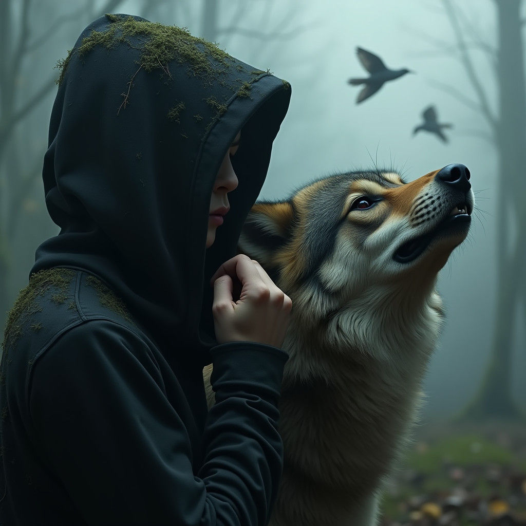 Mysterious Hooded Figure with Wolf in Ominous Scene