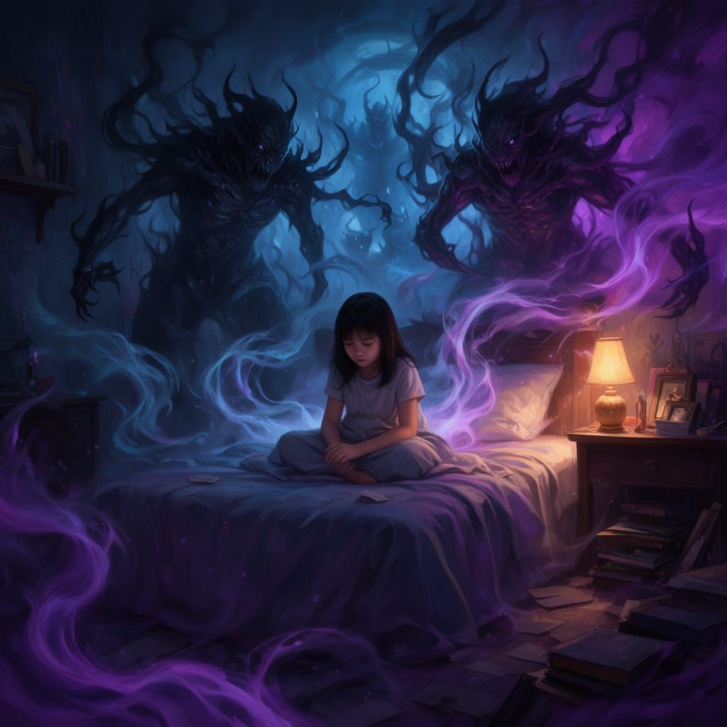 A girl sitting on her bed. All around her are nightmares that are consuming her room  by @Jester