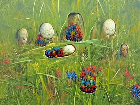 Brightly colored eggs hidden in a meadow oil painting by Jam...