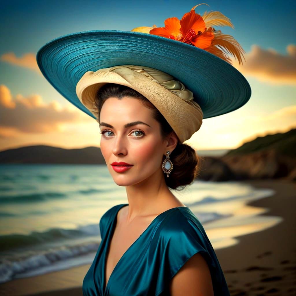 Charming Lady with Grotesque Hat, Photorealistic Portrait