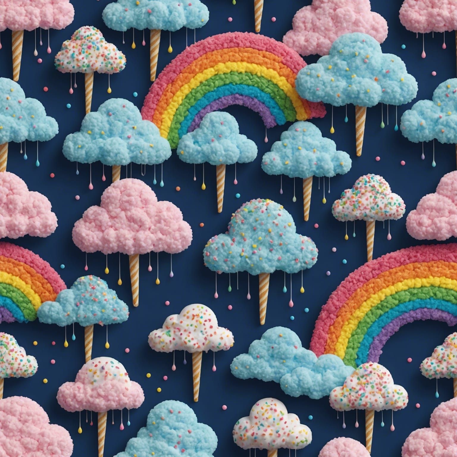 highly detailed; clouds made of cotton candy raining down candy rainbow