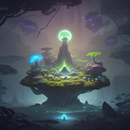 An alien garden on a levitating island with bioluminescent p...